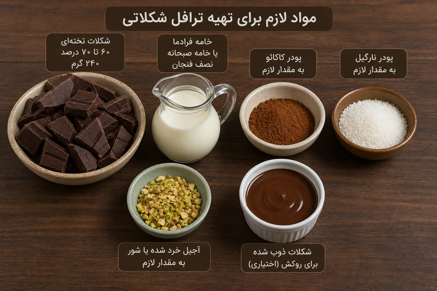 مواد لازم برای تهیه ترافل شکلاتی