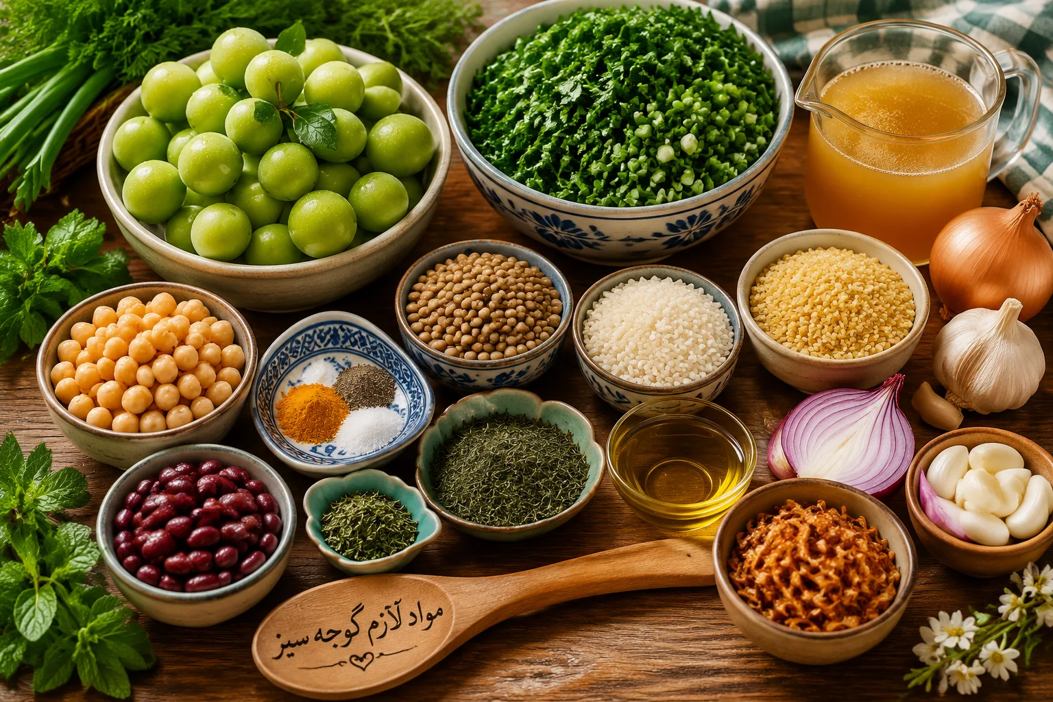 مواد لازم آش گوجه سبز