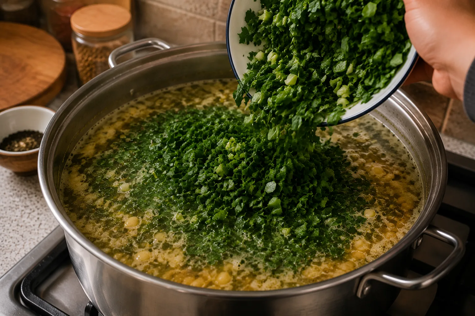 اضافه کردن سبزی آش