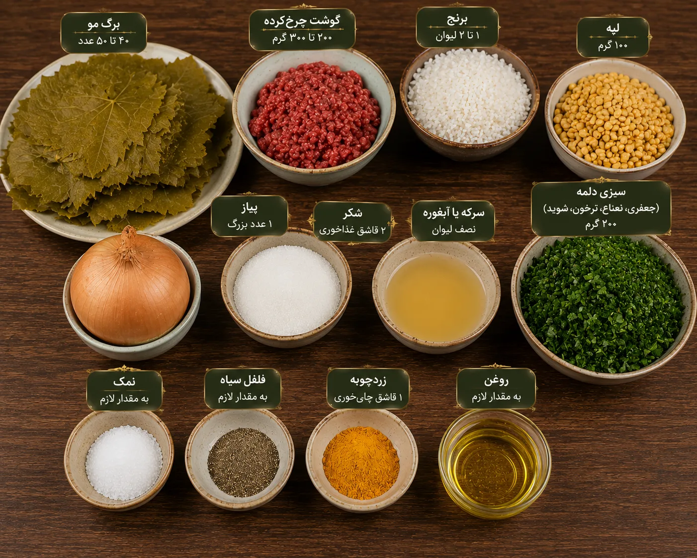 مواد لازم برای تهیه دلمه برگ مو