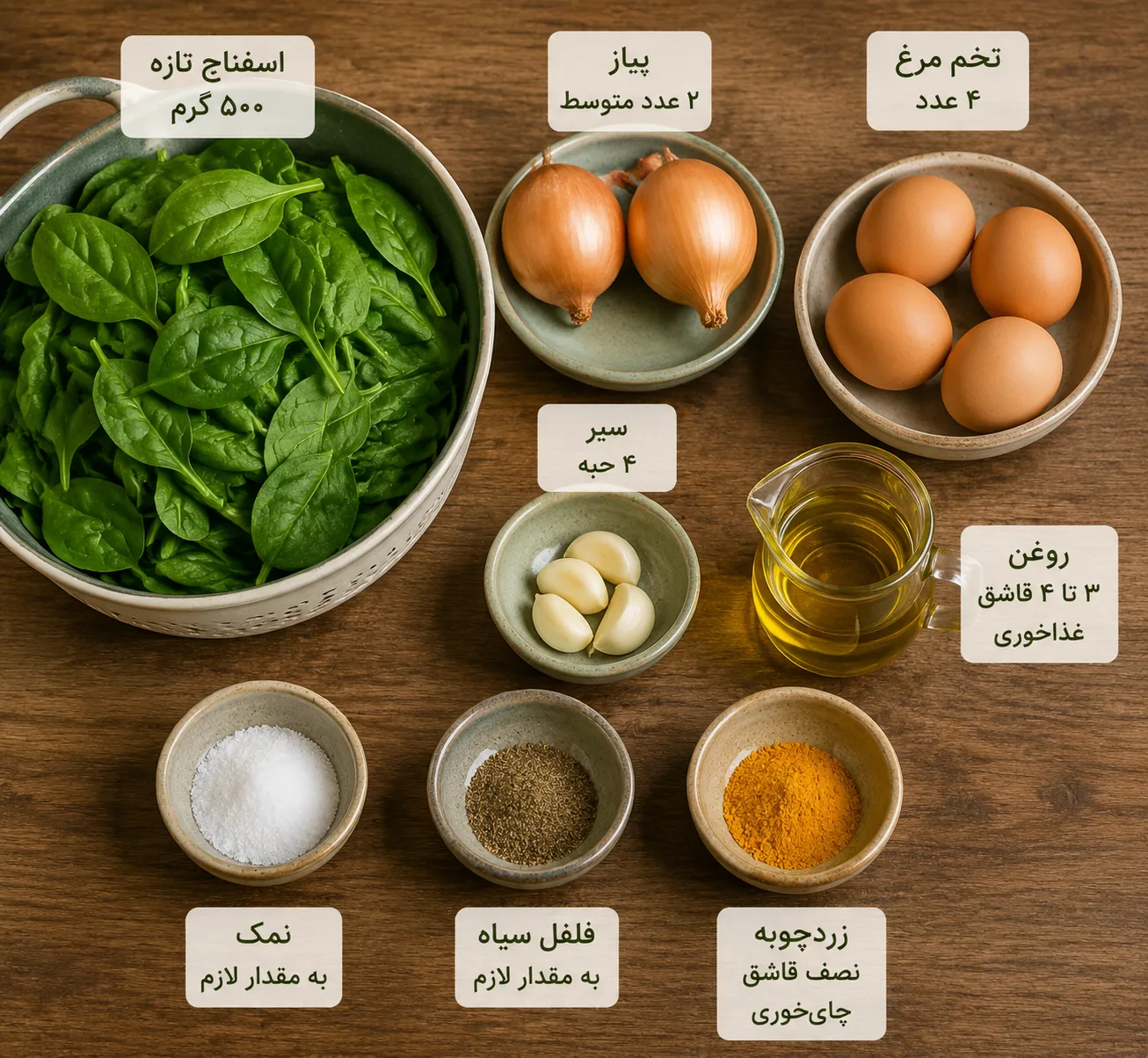 مواد لازم برای طرز تهیه نرگسی اسفناج