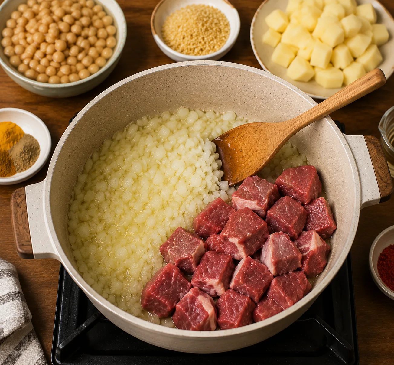 آماده کردن گوشت و پیاز