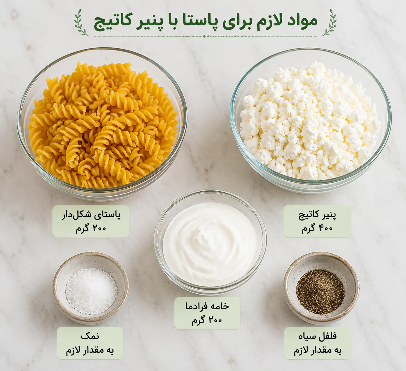 مواد لازم برای پاستا با پنیر کاتیج