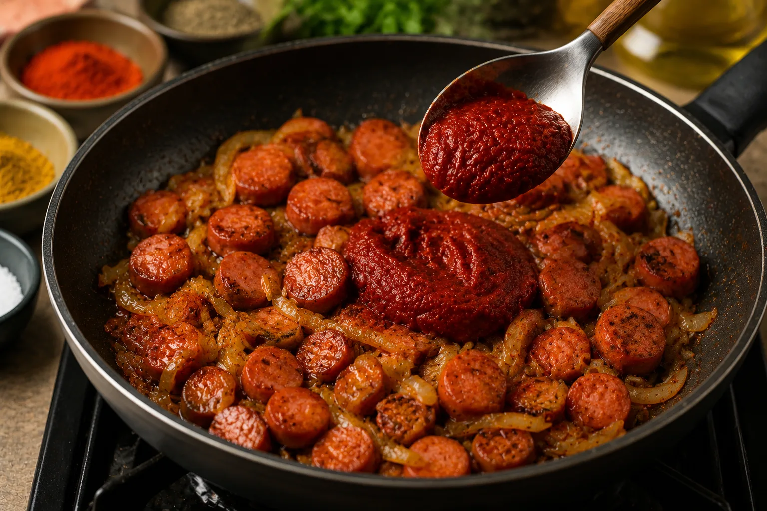 اضافه کردن سوسیسها و رب گوجه
