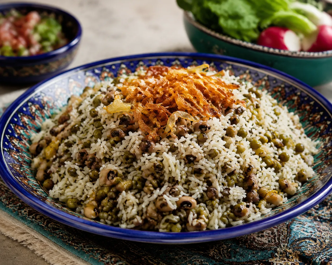 سرو و تزئین ماش پلو با لوبیا چشم بلبلی