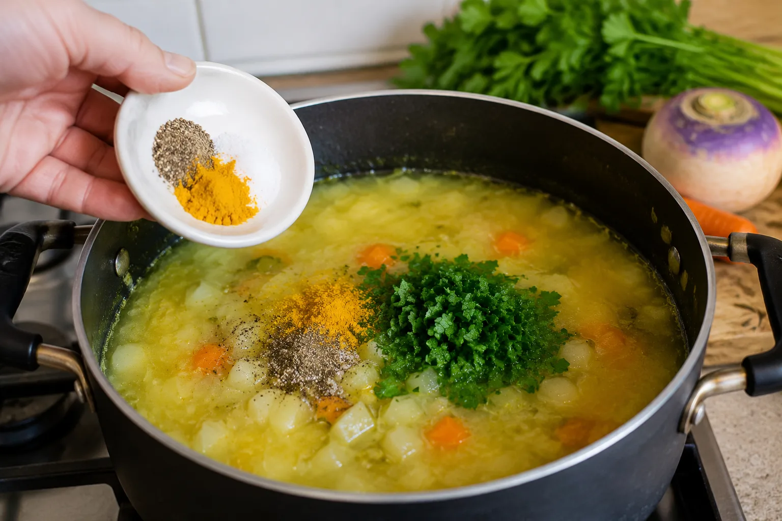 اضافه کردن ادویه و سبزی