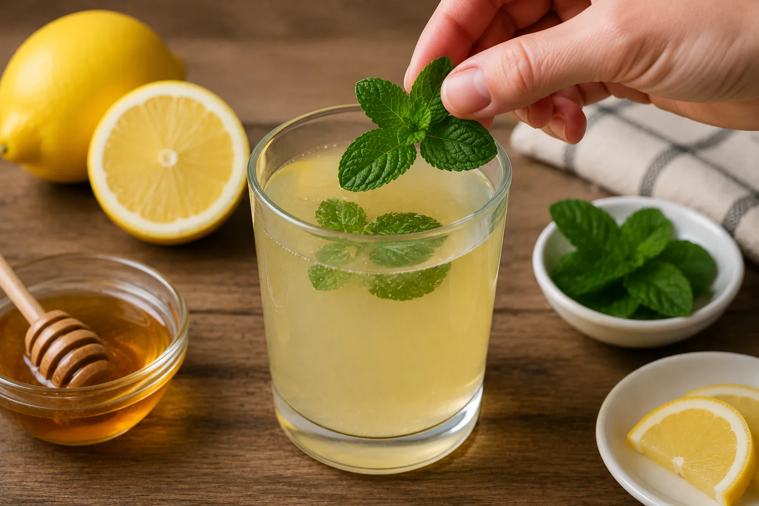 اضافهکردن نعناع به شربت عسل لیمو (اختیاری اما جذاب)