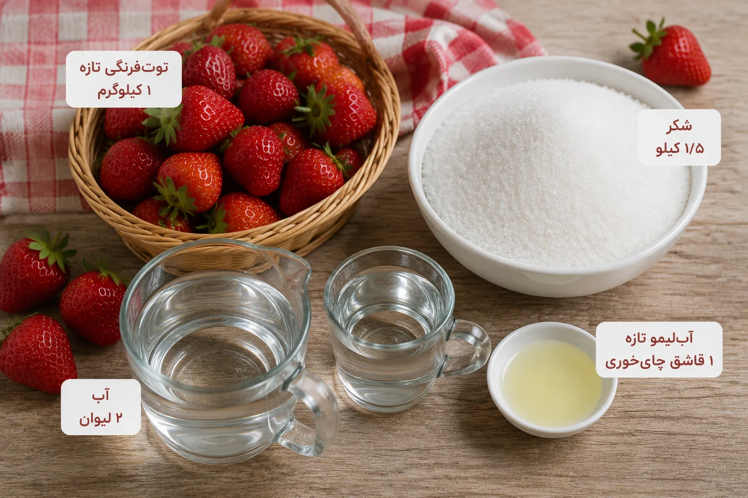 مواد لازم برای شربت توت فرنگی