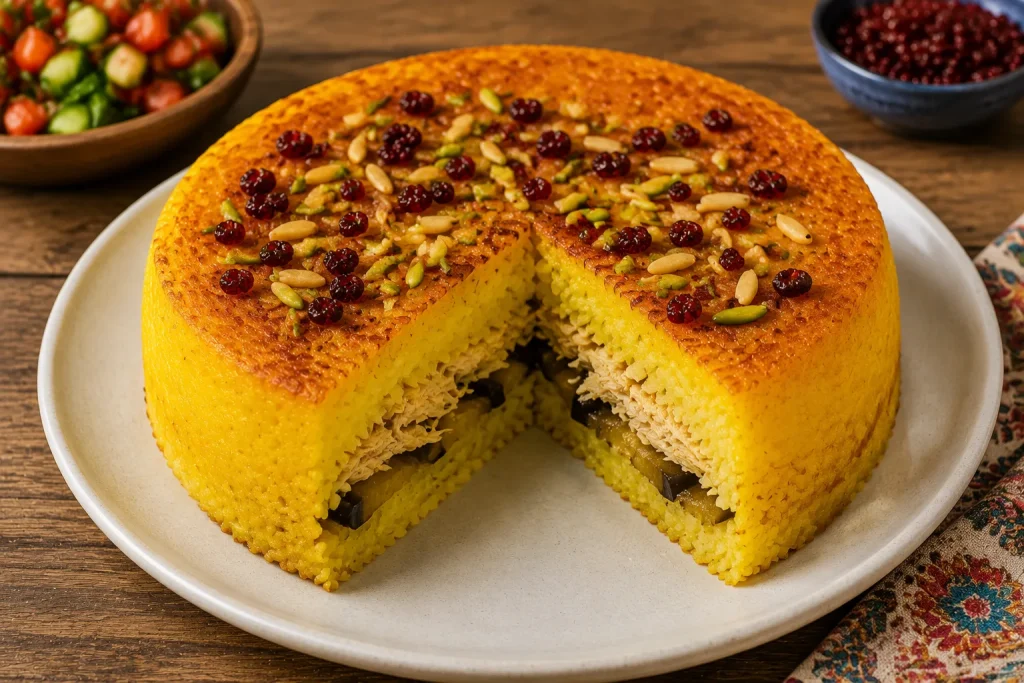 ته چین مرغ و بادمجان در پلوپز