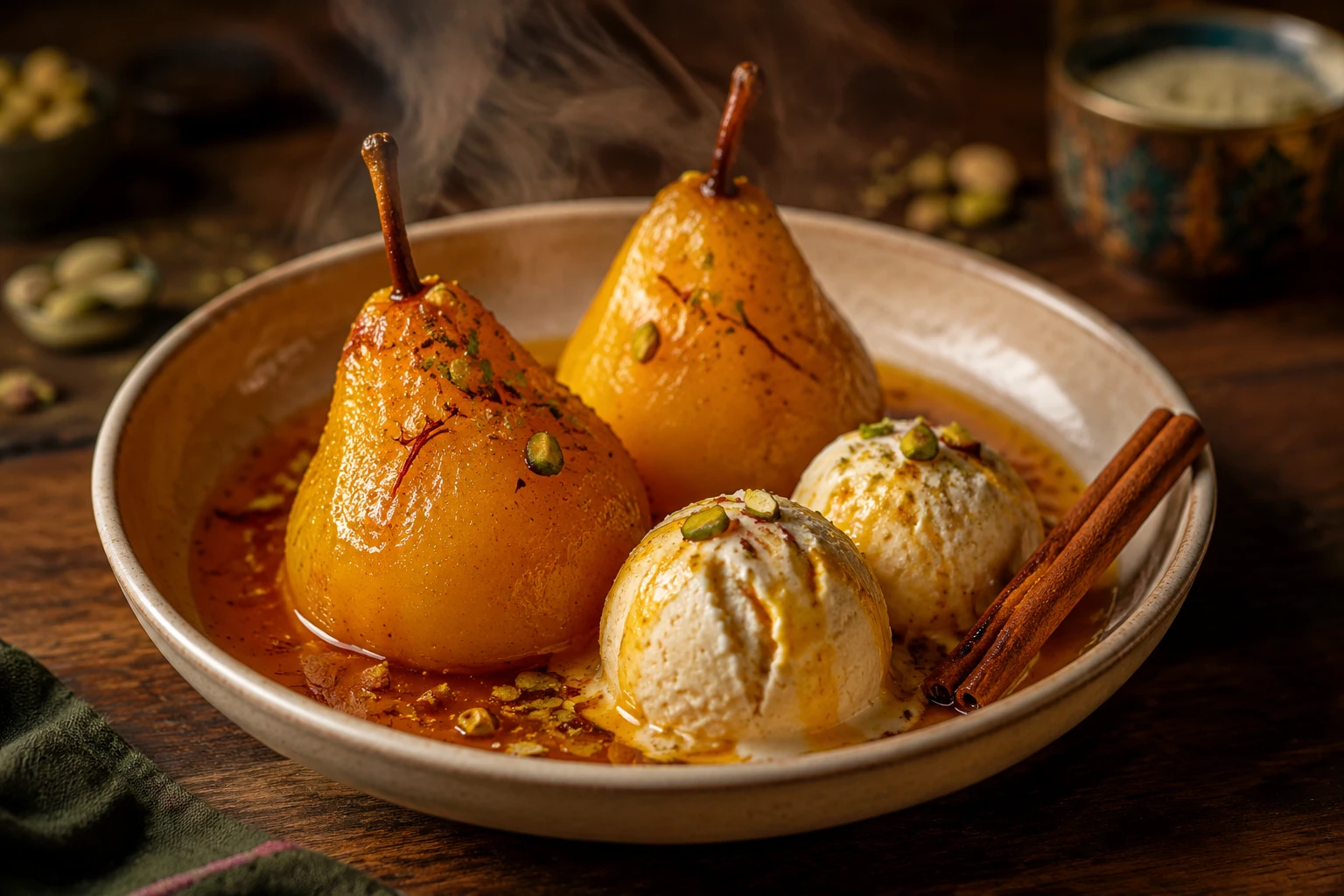 دسر گلابی داغ با بستنی وانیلی