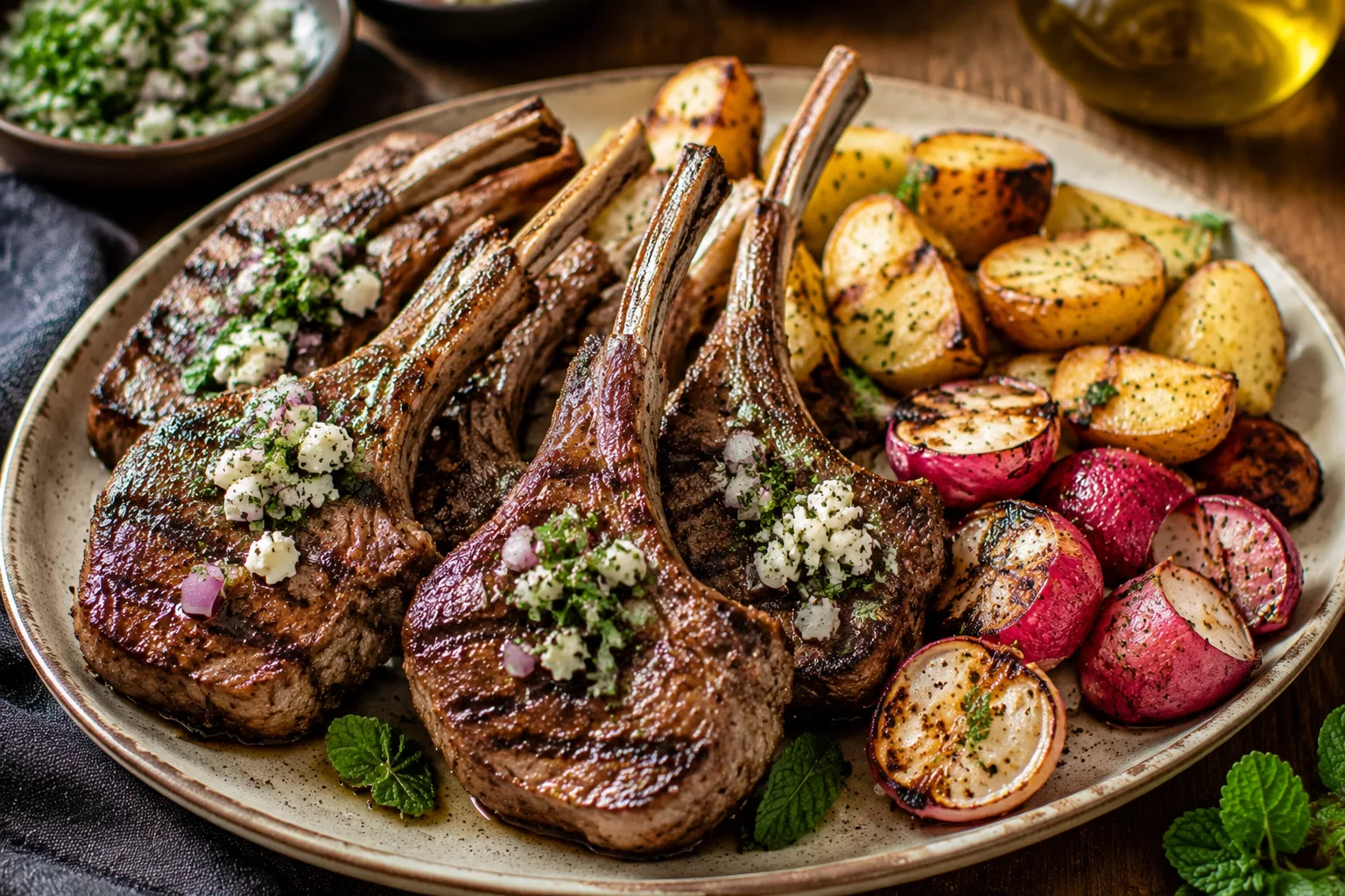 کباب لم چاپس با سیب زمینی و تربچه گریل شده