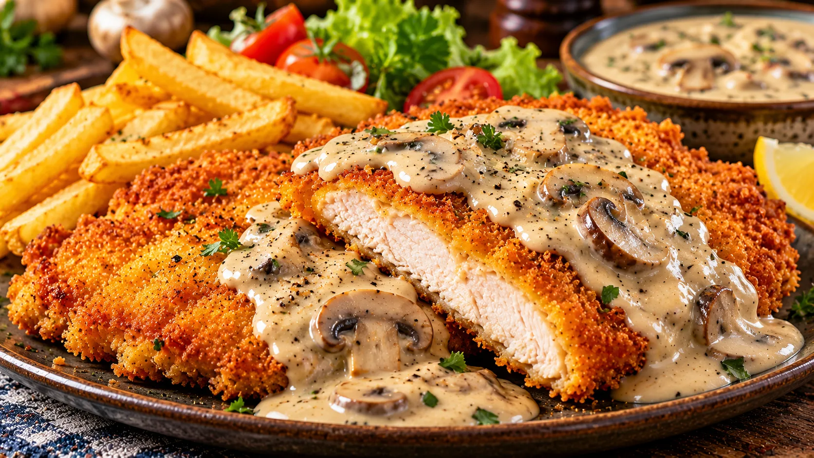 طرز تهیه شنیسل مرغ ترد رستورانی با سس قارچ